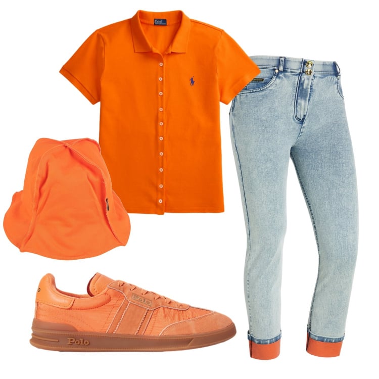 Outfit donna - Total look #2395096. Stile Casual per Tutti i giorni. Abbinamento con cappelli, jeans dritti, sneakers, polo.