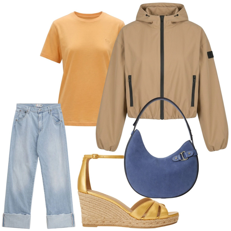 Outfit donna - Jeans con risvolto. Stile Glamour per Tutti i giorni. Abbinamento con t-shirt, jeans dritti, bomber, zeppe, borse a spalla.
