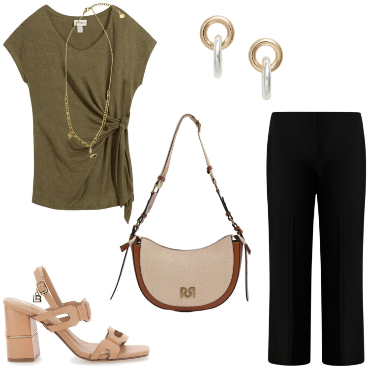 Outfit donna - Punto vita protagonista. Stile Casual chic per Tutti i giorni. Abbinamento con t-shirt, pantaloni a palazzo, borse a tracolla, ciondoli, orecchini, sandali col tacco.