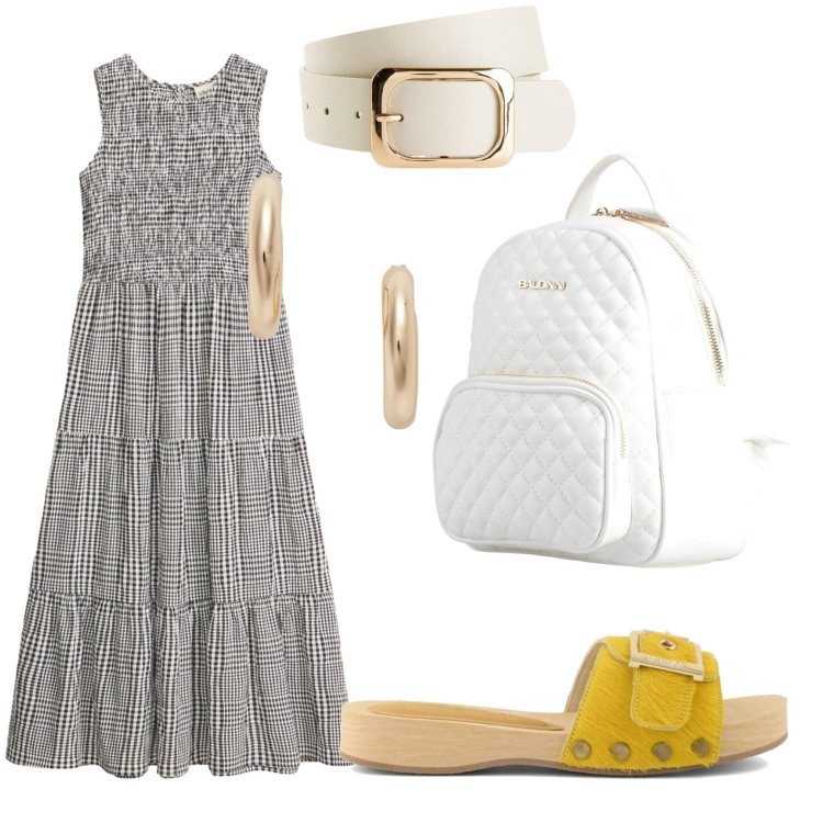 Outfit donna - Vestito principe di galles. Stile Casual per Tutti i giorni. Abbinamento con zaini, vestiti midi/longuette, cinture, orecchini, ciabatte.