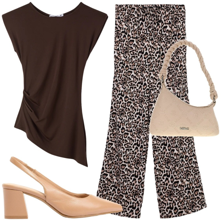 Outfit donna - Animalier Armonico#linee fluide. Stile Chic per Ufficio. Abbinamento con décolleté, pantaloni, top, borse a spalla.