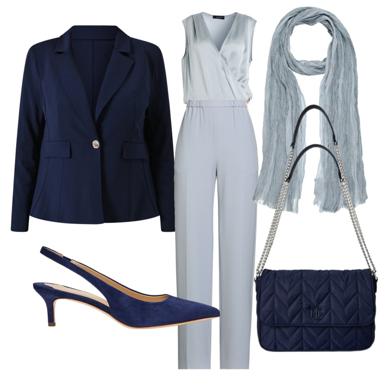 Outfit donna - Azzurrino primavera. Stile Minimal per Ufficio. Abbinamento con pantaloni, body, sciarpe, blazer, décolleté, borse a tracolla.