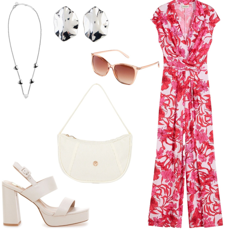 Outfit donna - I colori che illuminano. Stile Glamour per Serata fuori. Abbinamento con tute, occhiali da sole, orecchini, collane, borse a mano, sandali col tacco.