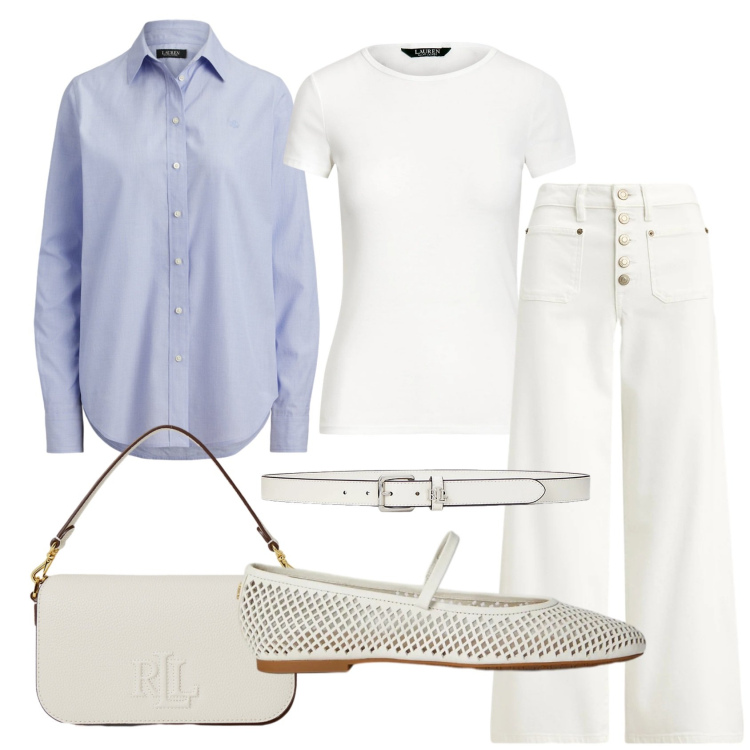 Outfit donna - Total look #2395106. Stile Chic per Ufficio. Abbinamento con t-shirt, cinture, borse a spalla, jeans, ballerine, camicie.