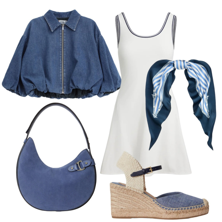 Outfit donna - Total look #2395109. Stile Bon Ton per Tutti i giorni. Abbinamento con blazer, borse a spalla, foulard, vestiti corti, espadrillas.