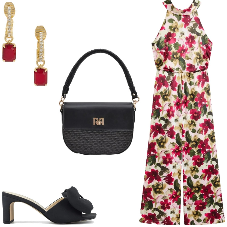Outfit donna - La tuta in satin lucido. Stile Glamour per Serata fuori. Abbinamento con tute, borse a spalla, orecchini, sandali col tacco.