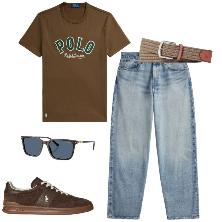 Outfit uomo - Maggio. Stile Casual per Tutti i giorni. Abbinamento con cinture, sneakers, jeans, occhiali da sole, t-shirt.