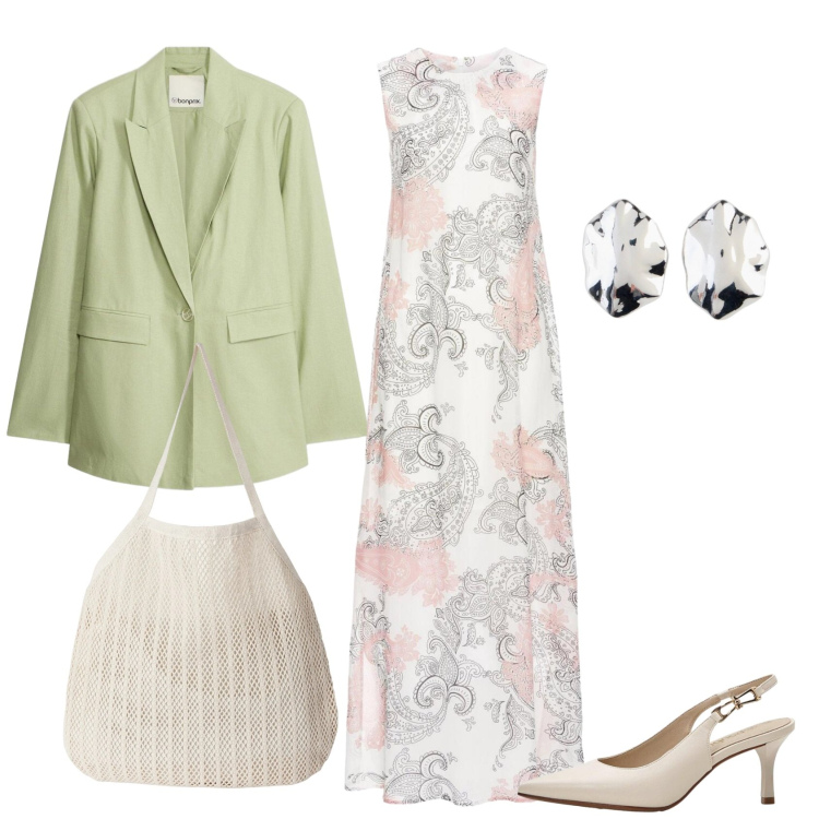 Outfit donna - Total look #2395115. Stile Casual chic per Ufficio. Abbinamento con vestiti lunghi, décolleté, orecchini, blazer, shopping bag.