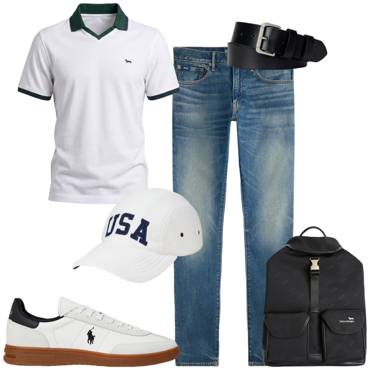 Outfit uomo - Weekend. Stile Casual per Tutti i giorni. Abbinamento con polo, borse sportive, cinture, sneakers, jeans, cappelli con visiera.