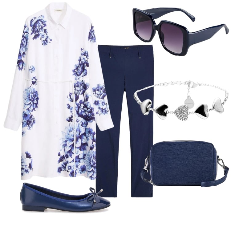 Outfit donna - Pranzo all\'aperto. Stile Romantica per Tutti i giorni. Abbinamento con vestiti, pantaloni, borse a tracolla, occhiali da sole, braccialetti, ballerine.