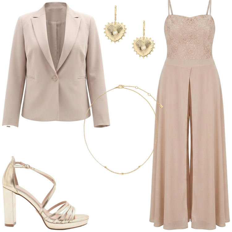 Outfit donna - Ad una cerimonia. Stile Glamour per Cerimonia. Abbinamento con tute, sandali col tacco, blazer, collane, orecchini.