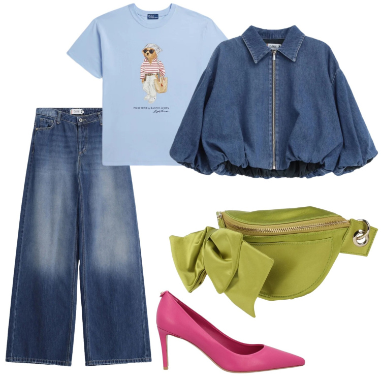 Outfit donna - Università. Stile Casual chic per Scuola/Università. Abbinamento con marsupi, décolleté, jeans, blazer, t-shirt.
