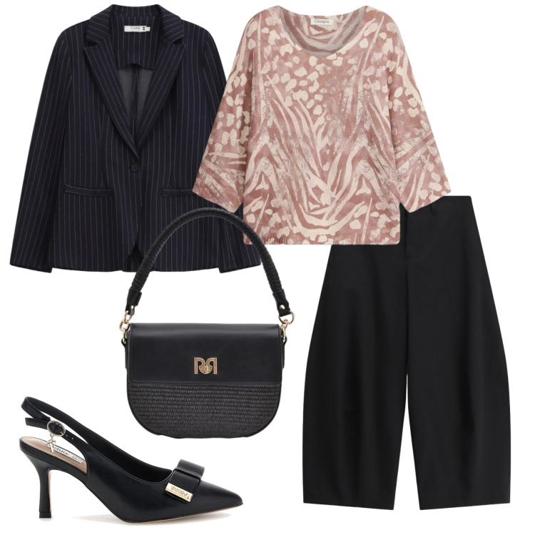 Outfit donna - Chic. Stile Chic per Ufficio. Abbinamento con t-shirt, pantaloni a palazzo, blazer, borse a spalla, décolleté.