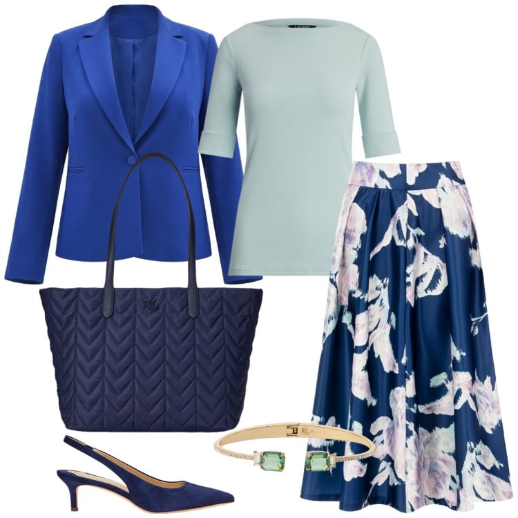 Outfit donna - Total look #2395129. Stile Chic per Tutti i giorni. Abbinamento con gonne longuette, blazer, décolleté, t-shirt, borse tote, braccialetti.