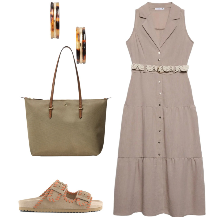 Outfit donna - Un delizioso vestito. Stile Casual per Tutti i giorni. Abbinamento con vestiti chemisier, orecchini, borse tote, sandali in pelle.
