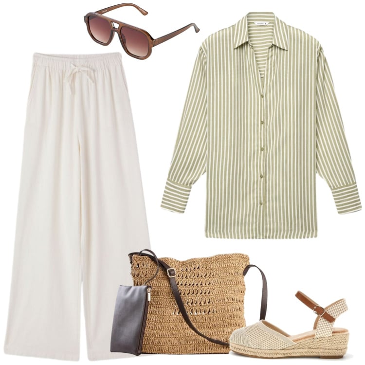 Outfit donna - Fluidità. Stile Casual per Tutti i giorni. Abbinamento con borse a tracolla, occhiali da sole, pantaloni, camicie, zeppe.
