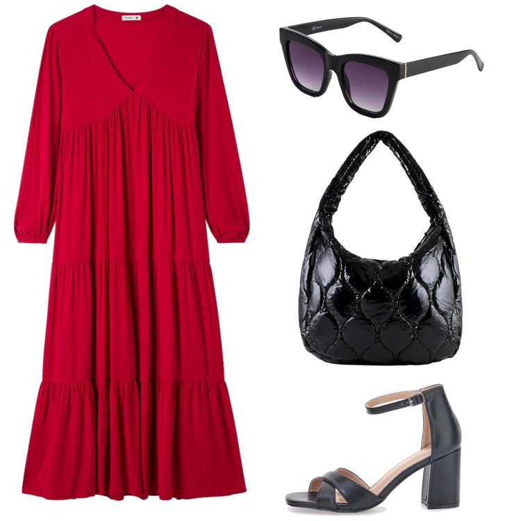 Outfit donna - Onde rosse. Stile Casual chic per Ufficio. Abbinamento con occhiali da sole, vestiti lunghi, borse tote, sandali col tacco.
