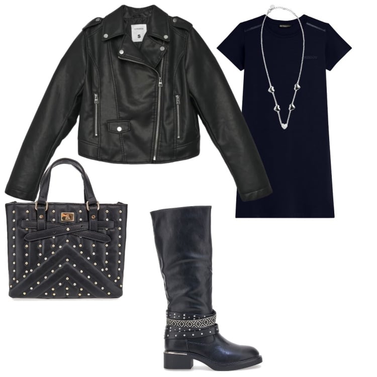 Outfit donna - Metal chic. Stile Casual chic per Serata fuori. look ideale per Tall. Abbinamento con giacche, collane, vestiti corti, borse a mano, stivali.