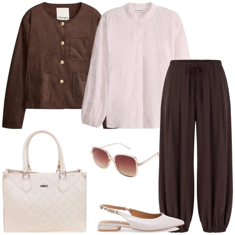 Outfit donna - Total look #2395139. Stile Casual chic per Tutti i giorni. Abbinamento con blazer, camicie, occhiali da sole, pantaloni, ballerine, borse a tracolla.