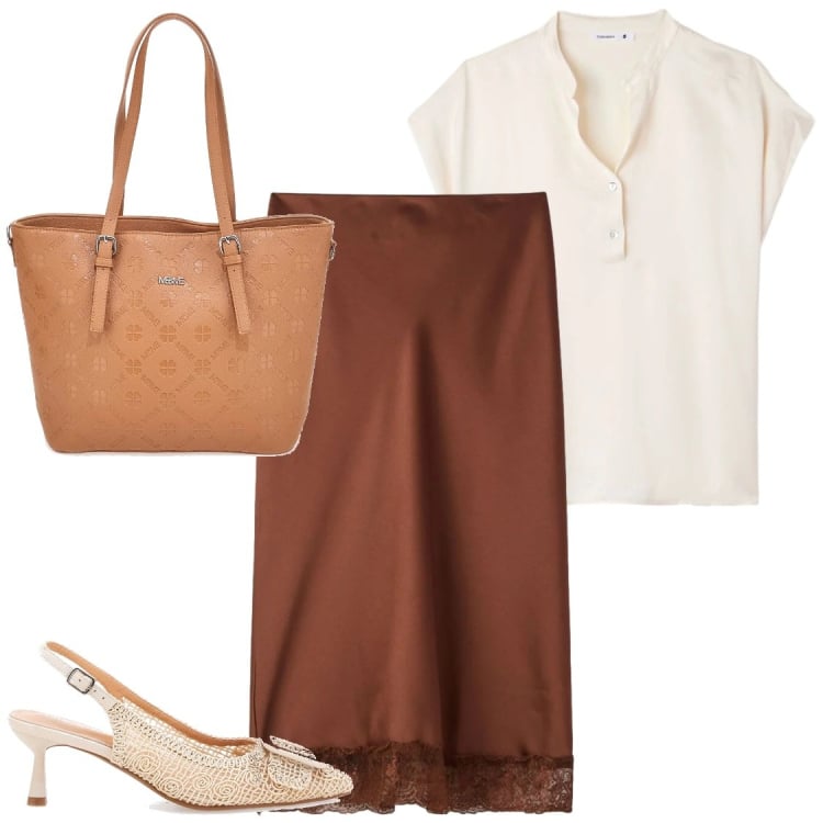 Outfit donna - Gonna satinata. Stile Chic per Ufficio. Abbinamento con gonne longuette, canottiere, borse a tracolla, scarpe col tacco.