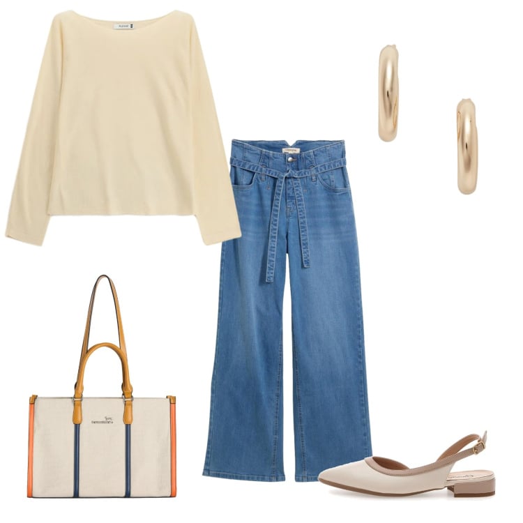 Outfit donna - Total look #2395145. Stile Casual chic per Ufficio. Abbinamento con jeans, borse tote, maglieria, orecchini, ballerine.