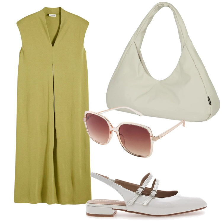 Outfit donna - Fluid Lime Harmony. Stile Chic per Tutti i giorni. Abbinamento con occhiali da sole, vestiti, borse a spalla, ballerine.