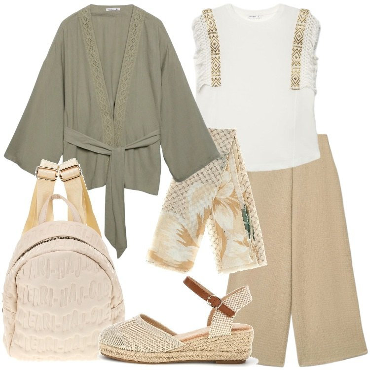 Outfit donna - Silhouette fluide e leggere. Stile Boho per Tutti i giorni. Abbinamento con t-shirt, pantaloni a palazzo, kimono, zeppe, foulard, zaini.