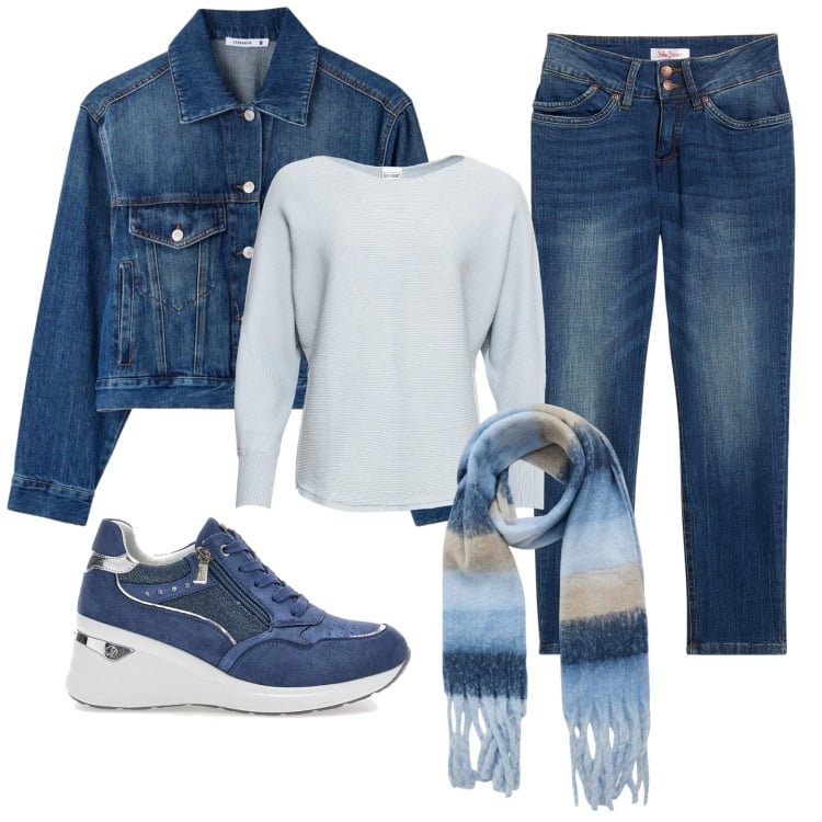 Outfit donna - Total look #2395160. Stile Casual per Tutti i giorni. Abbinamento con jeans mom, maglieria, cappotti, sciarpe, sneakers alte.