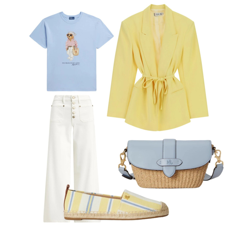 Outfit donna - Giallo e celeste. Stile Casual chic per Tutti i giorni. Abbinamento con blazer, jeans, borse a spalla, espadrillas, t-shirt.