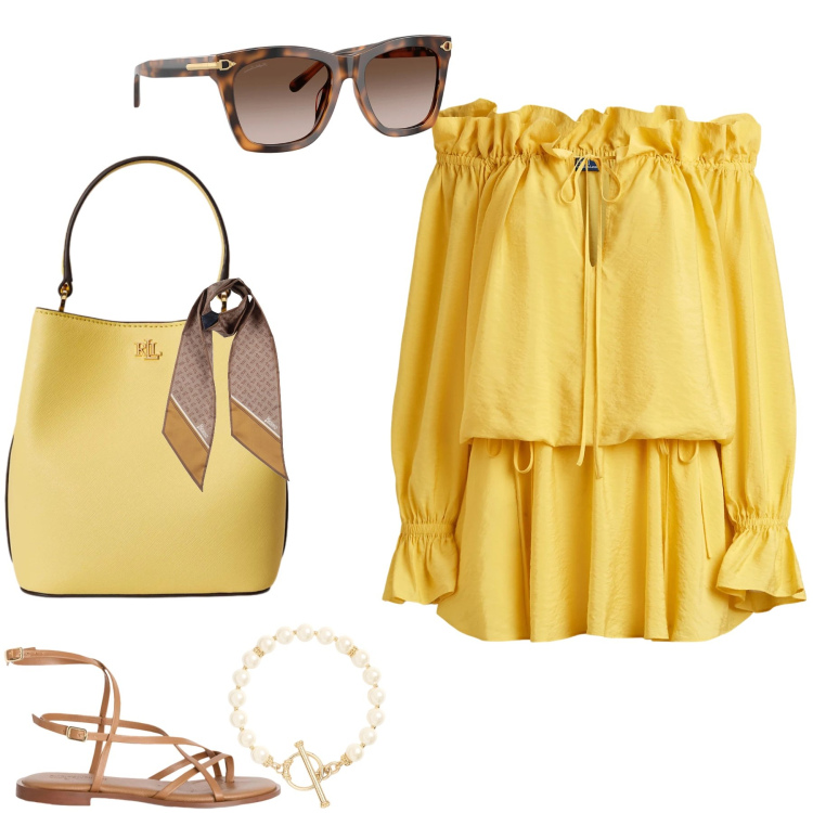 Outfit donna - Golden Hour Radiance. Stile Casual chic per Tutti i giorni. Abbinamento con sciarpe, sandali in pelle, occhiali da sole, vestiti, borse a secchiello, braccialetti.