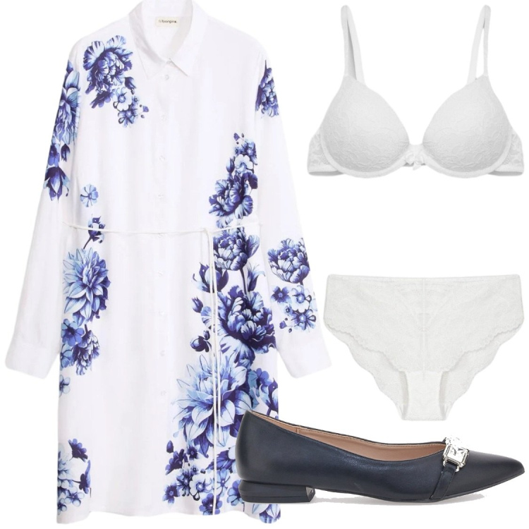 Outfit donna - Floral Indigo Fluidity. Stile Chic per Ufficio. Abbinamento con vestiti, culotte, reggiseni push-up, ballerine.