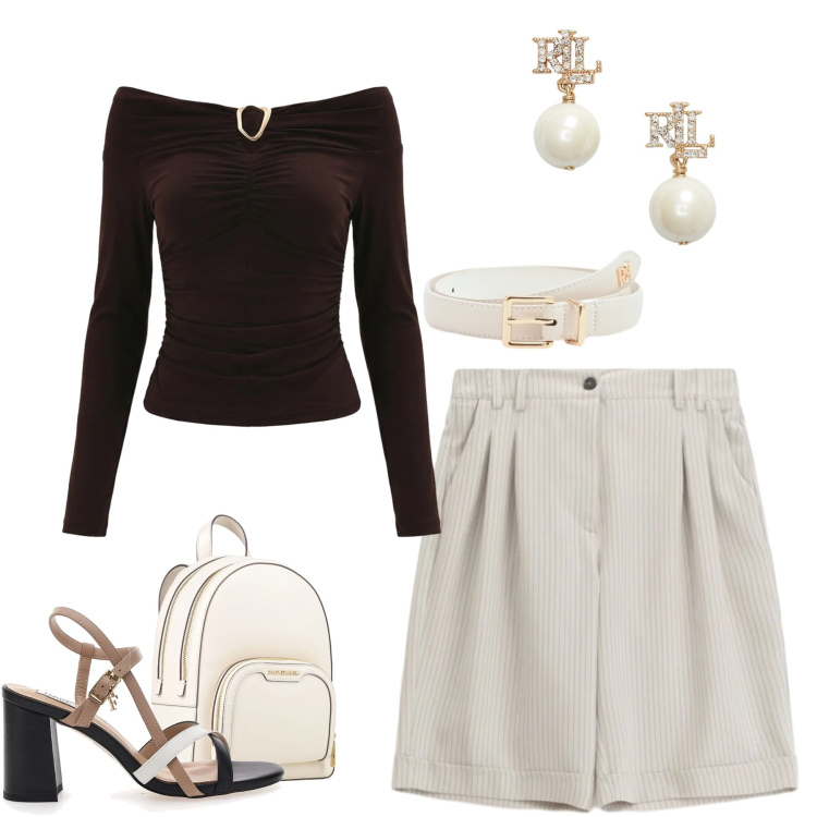 Outfit donna - Chocolate & Cream. Stile Casual chic per Serata fuori. Abbinamento con zaini, bermuda, cinture, bluse, orecchini, sandali col tacco.