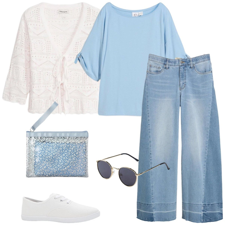 Outfit donna - Total look #2395181. Stile Casual per Tutti i giorni. Abbinamento con t-shirt, sneakers, cardigans, jeans, occhiali da sole, pochette.