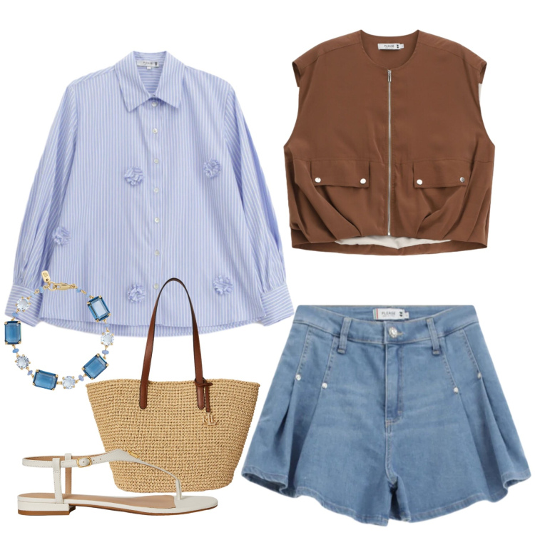 Outfit donna - Blue Ocean & City Safari. Stile Casual chic per Tutti i giorni. Abbinamento con shorts, camicie, gilet, sandali in pelle, borse tote, braccialetti.