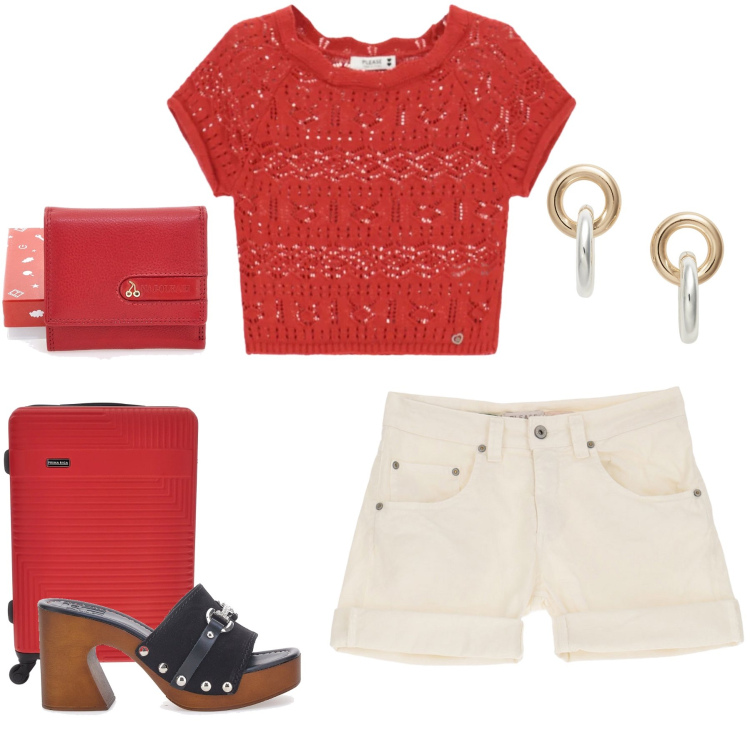 Outfit donna - Red Passion & Urban Travel. Stile Casual chic per Tutti i giorni. Abbinamento con shorts, top, orecchini, zoccoli, portafogli, valigie.