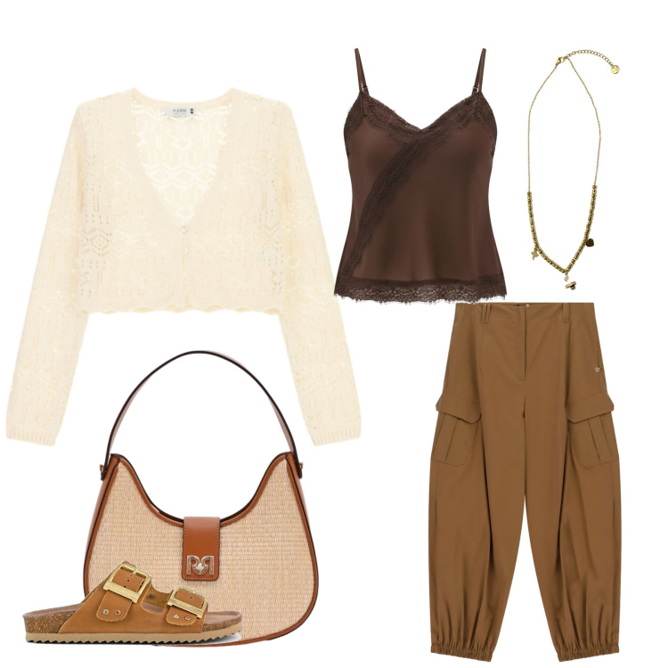 Outfit donna - Safari Glam & Lace. Stile Casual chic per Tutti i giorni. Abbinamento con pantaloni cargo, cardigans, borse a spalla, canottiere, ciondoli, sandali.