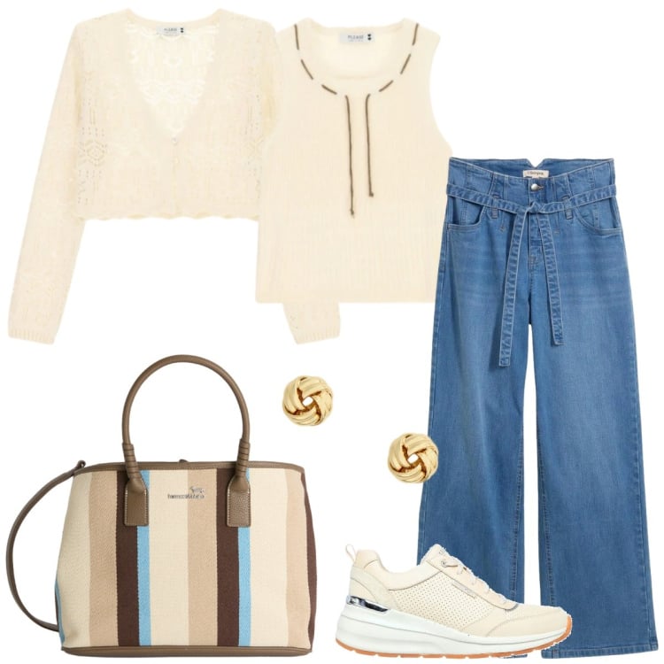 Outfit donna - Total look #2395187. Stile Casual per Tutti i giorni. Abbinamento con jeans, shopping bag, top, cardigans, orecchini, sneakers.