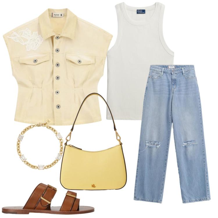 Outfit donna - Urban Utility Chic. Stile Casual chic per Tutti i giorni. Abbinamento con blazer, jeans strappati, borse a spalla, braccialetti, canottiere, sandali in pelle.