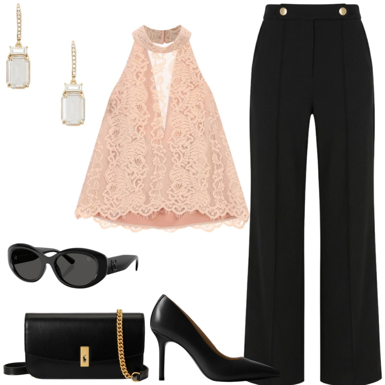 Outfit donna - Cerimonia in Peach Blush. Stile Chic per Cerimonia. Abbinamento con canottiere, pantaloni, occhiali da sole, décolleté, orecchini, clutch.