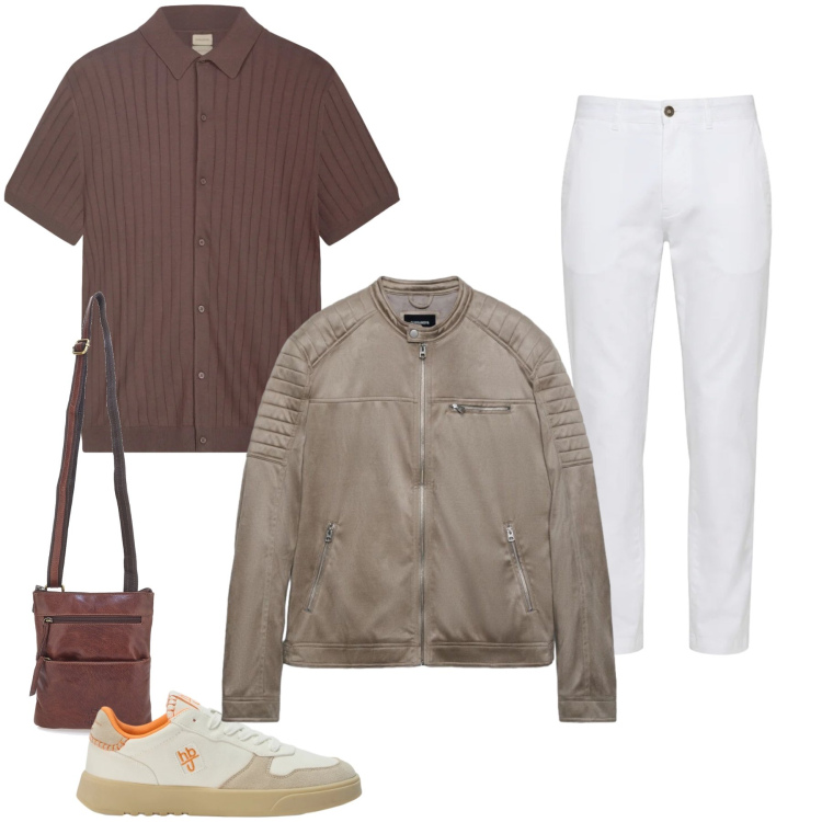 Outfit uomo - Urban Coffee & Cream. Stile Urban per Tutti i giorni. Abbinamento con giacche, sneakers, pantaloni, portafogli, polo.
