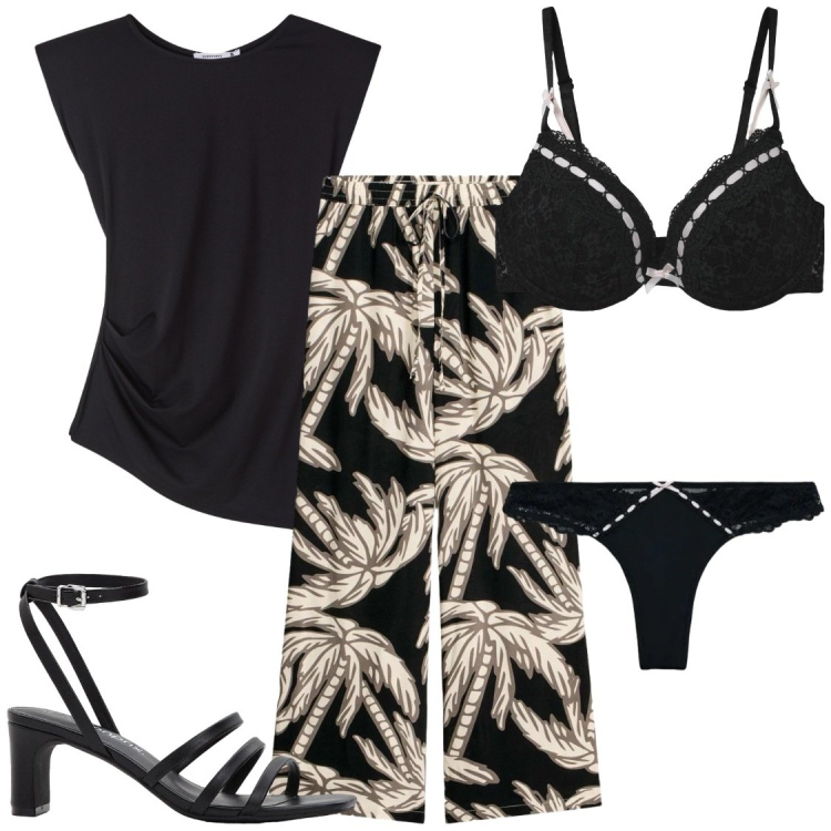 Outfit donna - Tropical dark. Stile Chic per Serata fuori. Abbinamento con pantaloni, sandali col tacco, reggiseni push-up, perizomi, top.