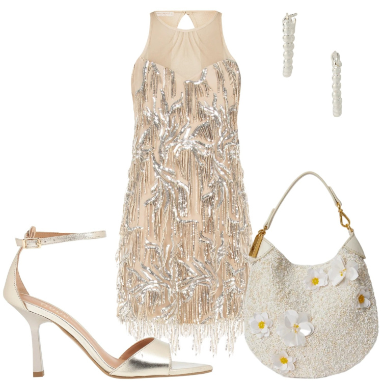 Outfit donna - Serata danzante. Stile Glamour per Serata fuori. Abbinamento con sandali in pelle, vestiti corti, orecchini, pochette.