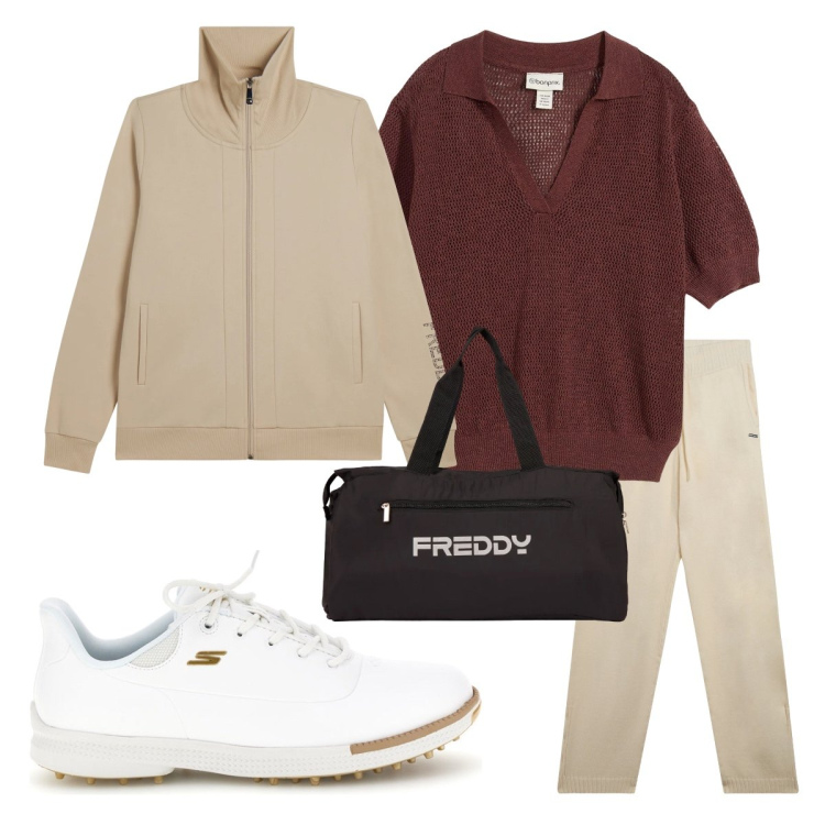 Outfit donna - Partitina a golf?!. Stile Sporty chic per Sport. Abbinamento con polo, pantaloni, borse sportive, felpe, sneakers.