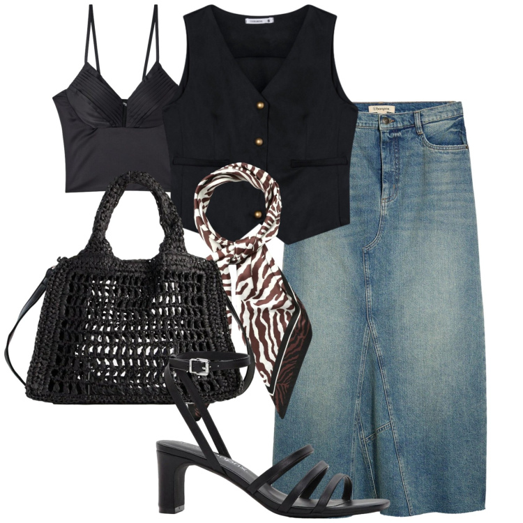 Outfit donna - Denim chic @laloba. Stile Casual chic per Tutti i giorni. Abbinamento con gonne, borse a tracolla, sandali col tacco, gilet, foulard, canottiere.