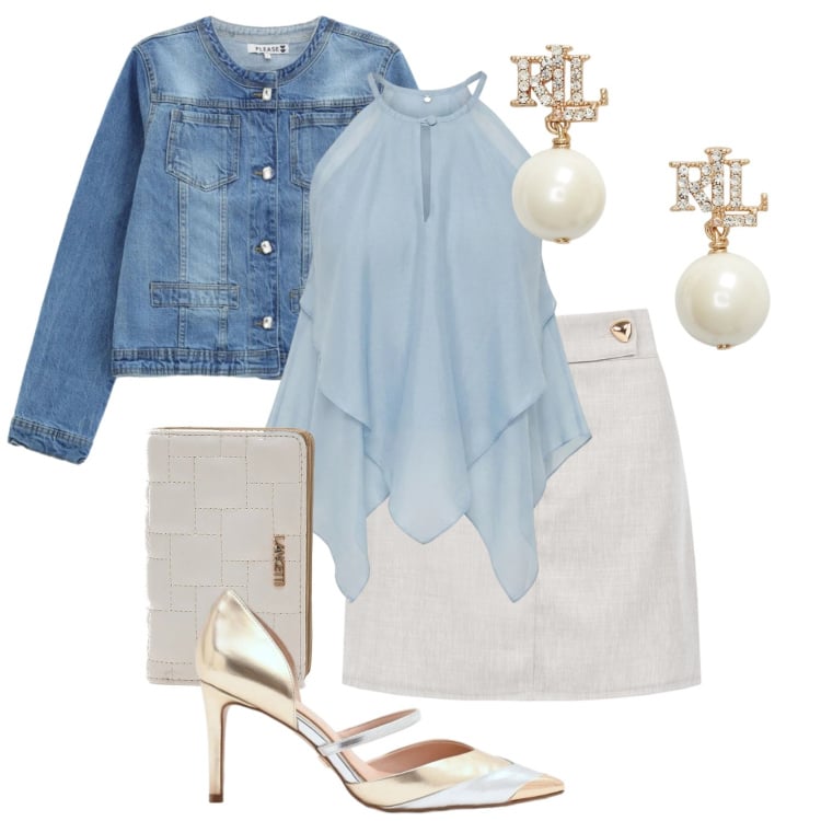 Outfit donna - Denim chic @laloba. Stile Chic per Serata fuori. Abbinamento con blazer, canottiere, décolleté, minigonne, orecchini, portafogli.