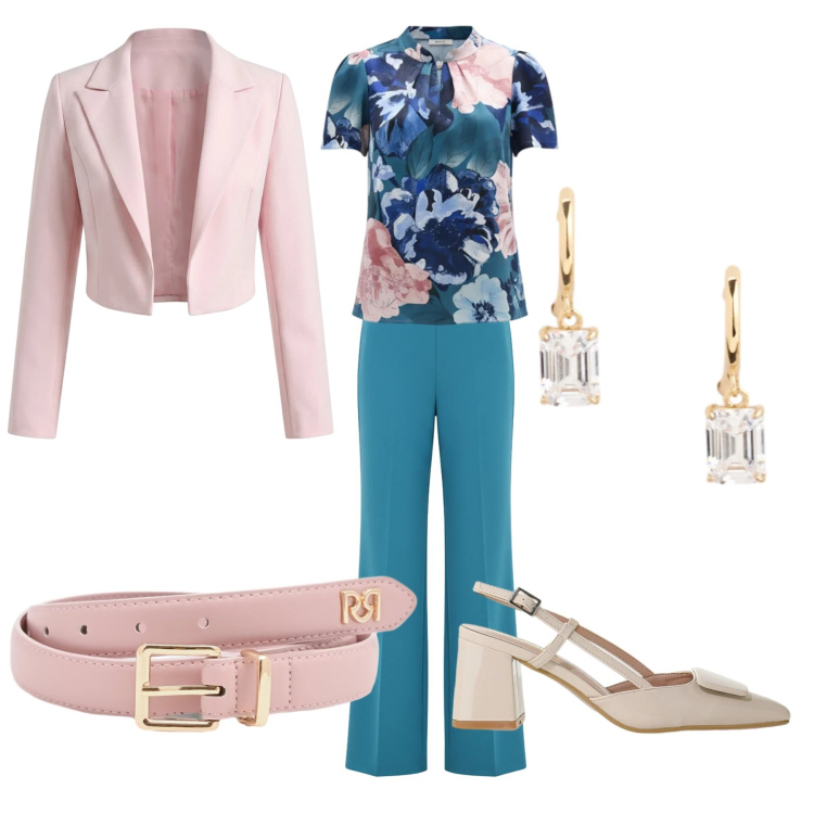 Outfit donna - Casual chic. Stile Casual chic per Ufficio. Abbinamento con décolleté, bluse, pantaloni a palazzo, bolero, cinture, orecchini.