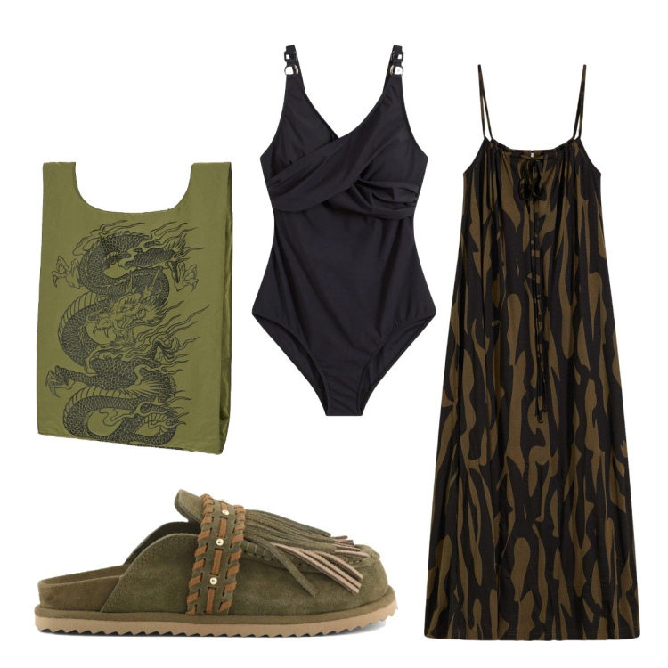 Outfit donna - Al mare a proprio agio. Stile Military per Mare. Abbinamento con costumi interi, vestiti da spiaggia, shopping bag, sabot.