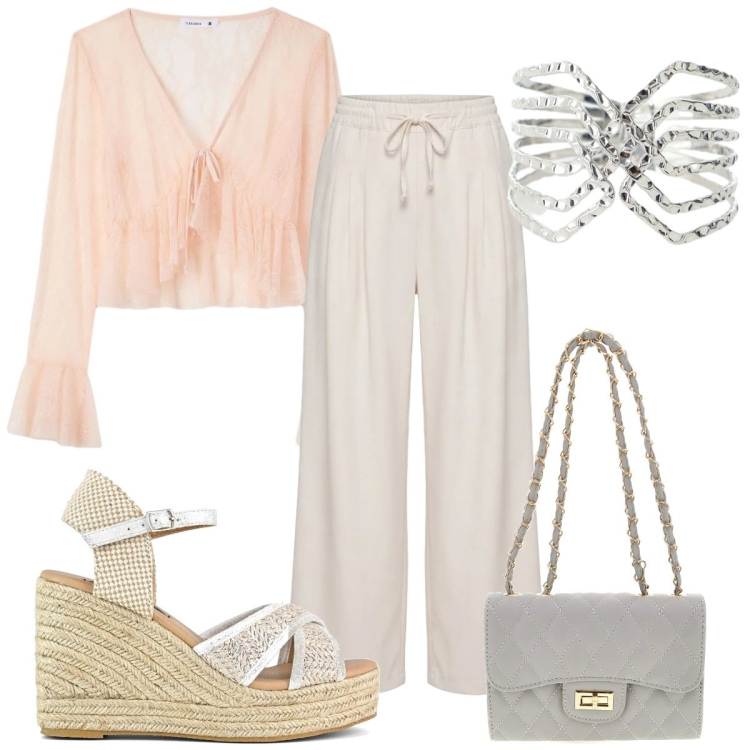 Outfit donna - Peach Blush boho. Stile Boho per Tutti i giorni. Abbinamento con pantaloni, bluse, braccialetti, zeppe, borse a tracolla.