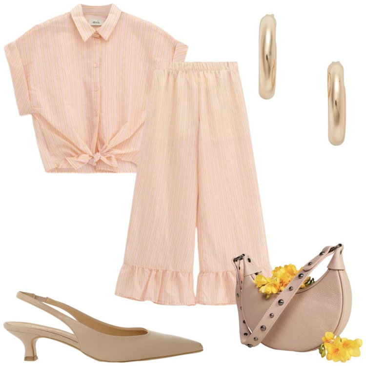 Outfit donna - Peach Blush : romantica. Stile Romantica per Tutti i giorni. Abbinamento con camicie a manica corta, pantaloni a palazzo, borse a spalla, décolleté, orecchini.