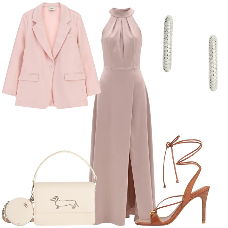 Outfit donna - Peach Blush la cerimonia. Stile Glamour per Cerimonia. Abbinamento con borse a tracolla, vestiti lunghi, blazer, orecchini, sandali in pelle.